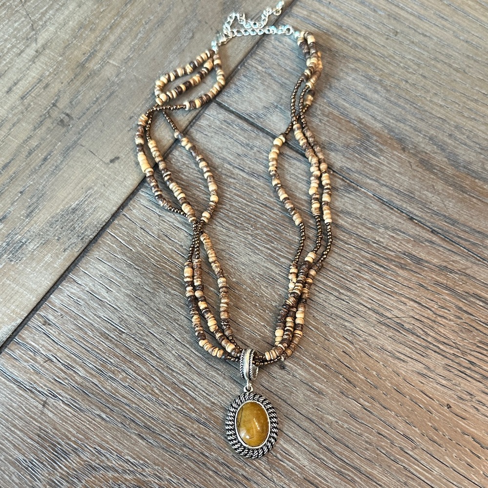 Vintage Avon Multi Strand Wooden Beaded Necklace Faux Tigers Eye Pendant Boho